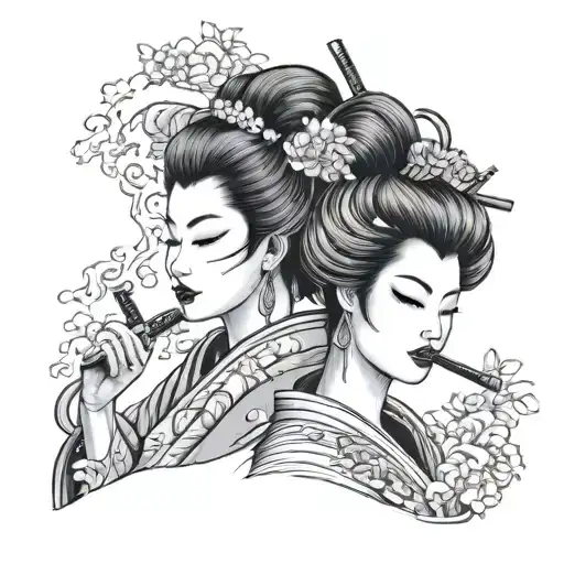 Geisha Girl Smoking With A Samurai Warrior