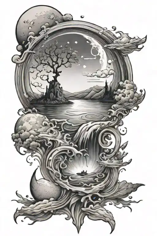 Water Under World With Sky And Moon