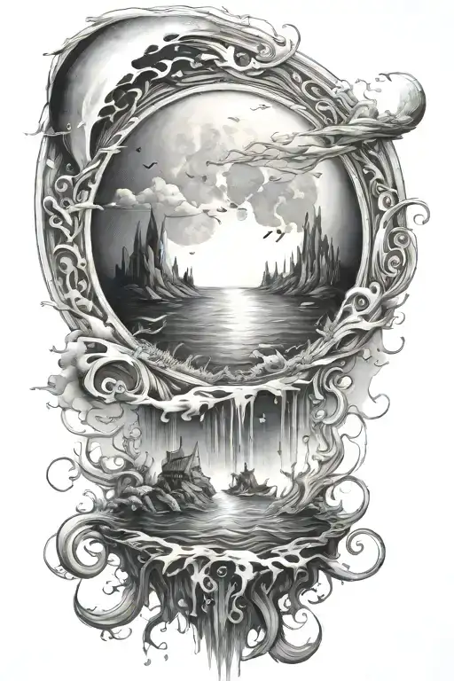 Water Under World With Sky And Moon