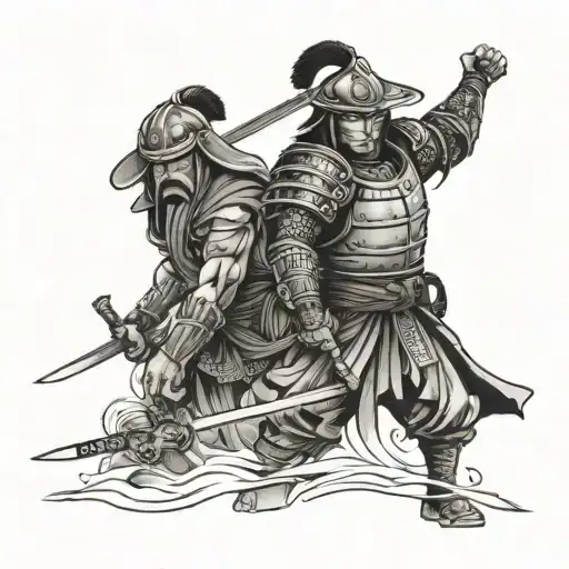 Samurai Warrior And Spartan Warrior Wielding A Sword