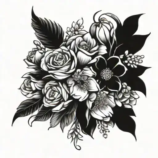 Bouquet Of Birth Flowers Intertwined Fine Line