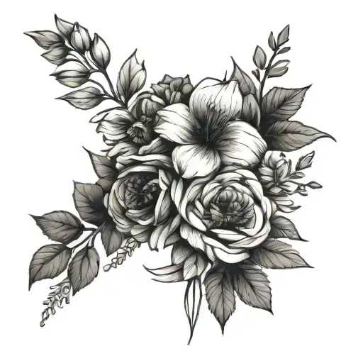 Bouquet Of Birth Flowers Intertwined Fine Line Minimal