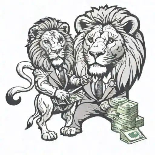 A Sales Manager Counting Money With A Lion As A Companion In Black-grey Style