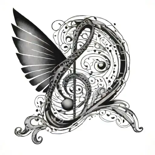 A Black-grey Tattoo Of A Stylized Music Note Morphing Into A Graceful Animal Silhouette