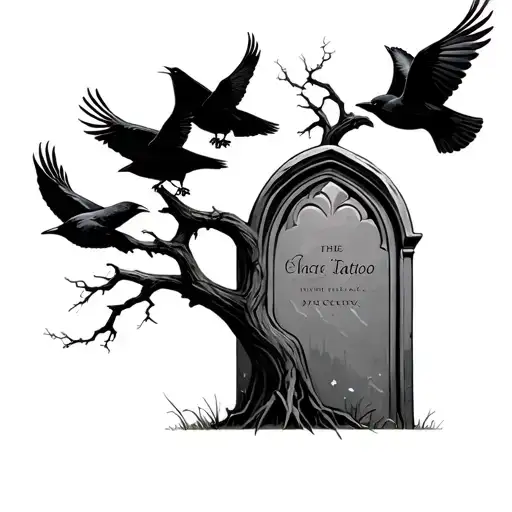 Gravestone Tree Crows Flying