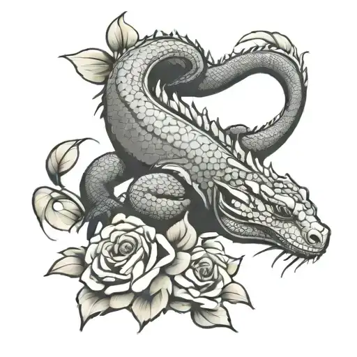 Komodo Dragon Decorated With Roses Intertwined
