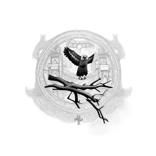 An Eagle Perched On A Branch With A Detailed Orthodox Cross In The Background