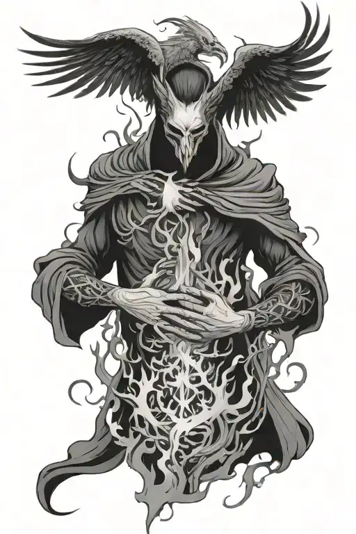 Full Sleeve Tattoo With A Pheonix And Two Hands In Fire And The Grim Reaper