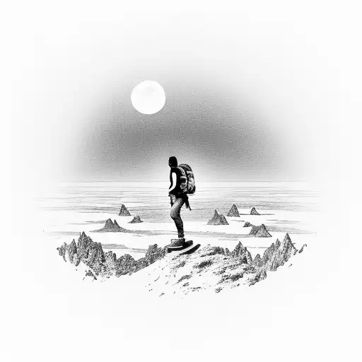 A Silhouette Of A Hiker Standing On A Cliff Edge Overlooking A Breathtaking Sunset