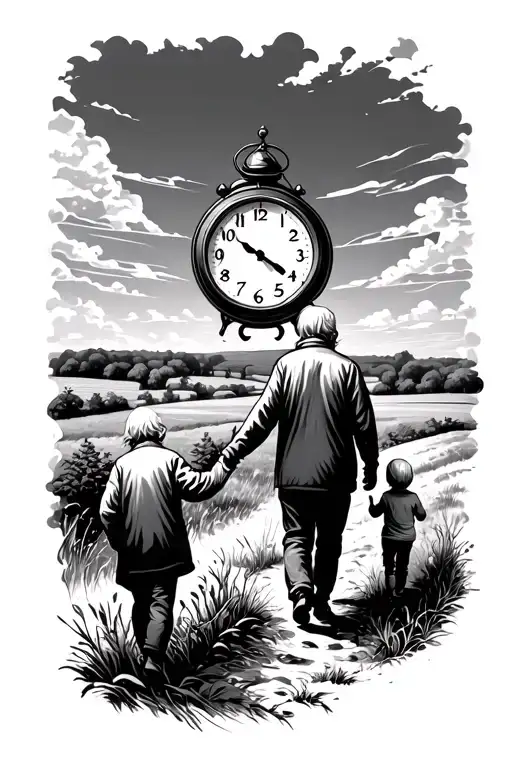A Child Held By The Hand By Grandparents Who Walk In The Middle Of The Countryside Towards A Clock