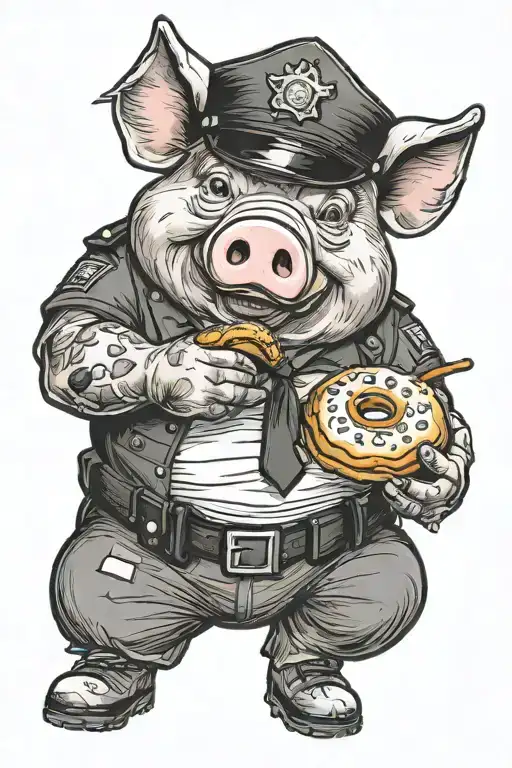 Pig Wearing A Police Uniform Eating A Donut