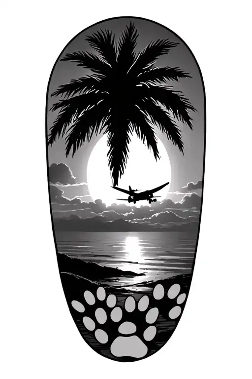 Palm Tree Sunrise Plane Flying In The Sky With Dog Paw Prints