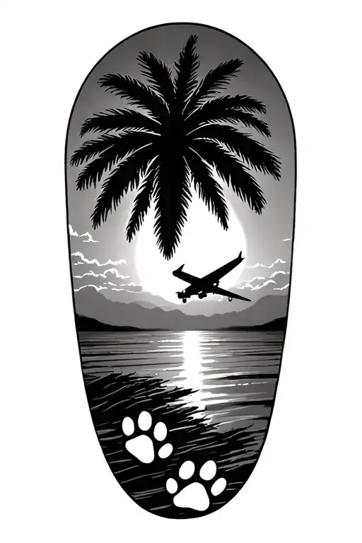 Palm Tree Sunrise Plane Flying In The Sky With Dog Paw Prints