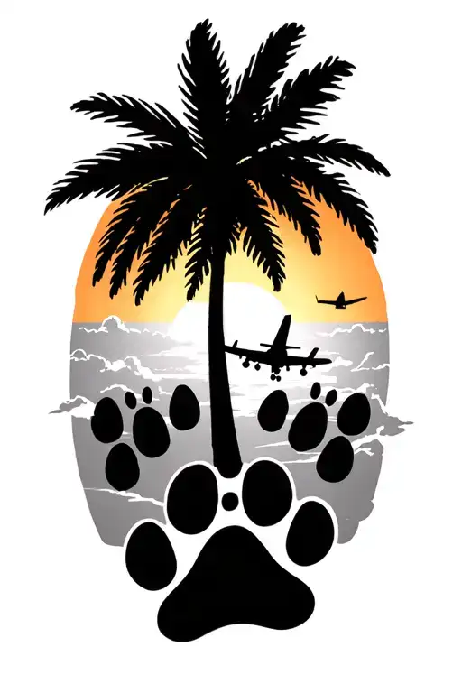Palm Tree Sunrise Plane Flying In The Sky With Dog Paw Prints