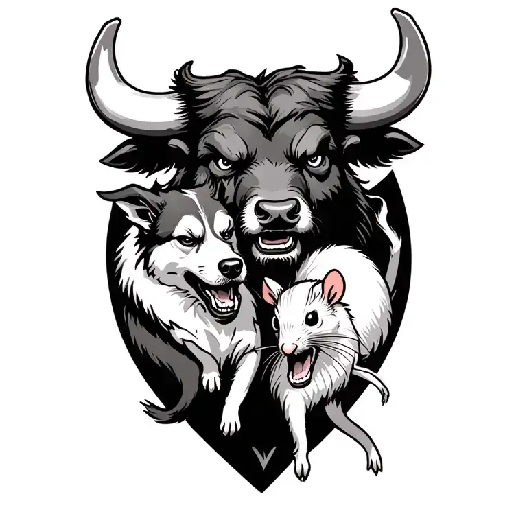 Angry Ox Protecting A Dog And A Rat Holding