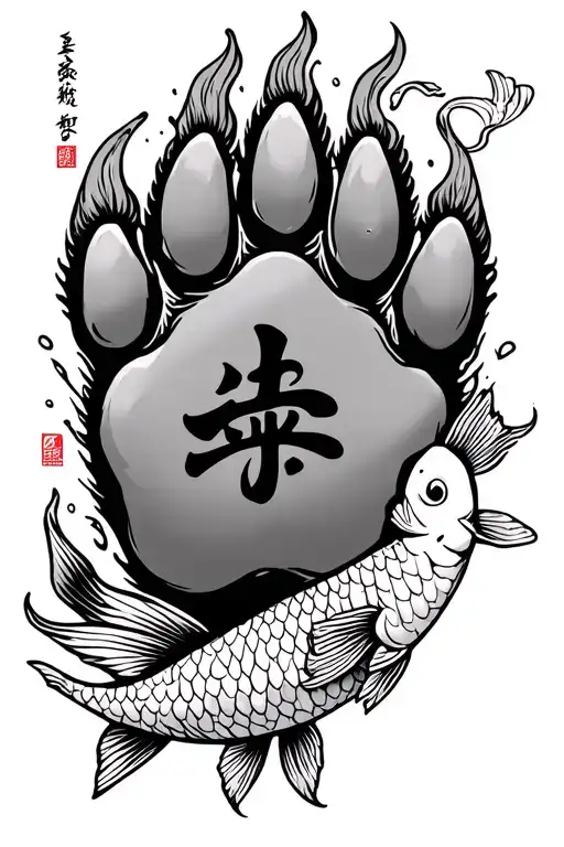 Dog Paw With Ikigai Kanji And Aeternum Phrase Written And A Koi Fish