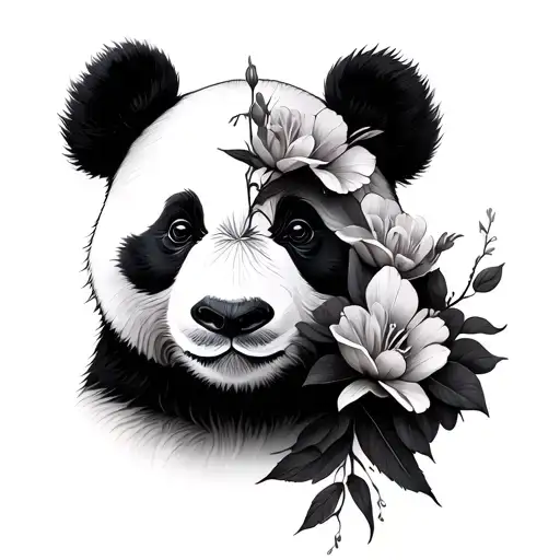 Panda With Half Face As Flowers Blooming