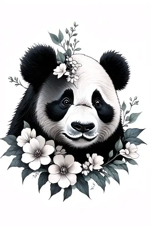 Panda With Half Face As Flowers Blooming