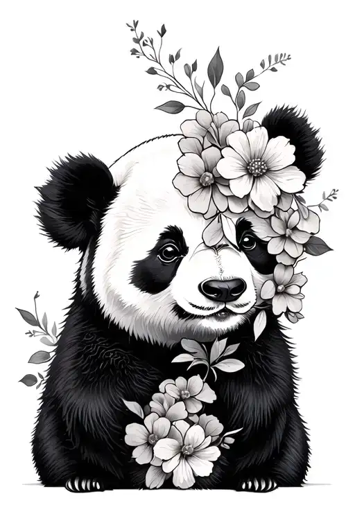 Cute Panda With Half Face As Flowers Intertwined