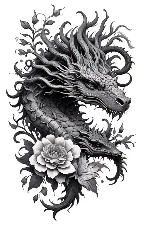 Make A Floral Tattoo Including A Medusa Head And A Dragon