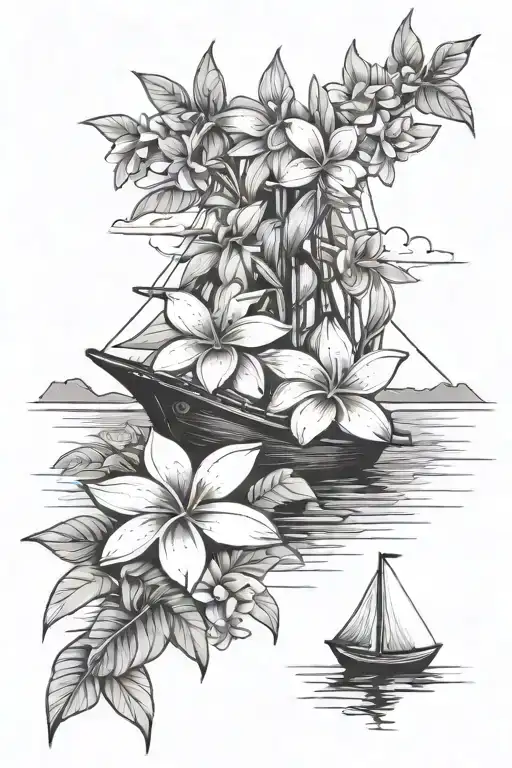 Plumeria Flowers And A Boat On The Water