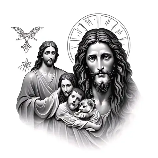Jesus Tattoo With A Family And A Lion