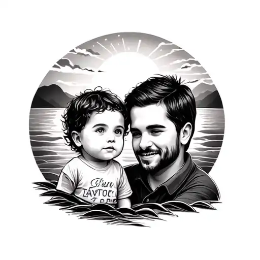Child Tattoo With Father With A Sunset Background