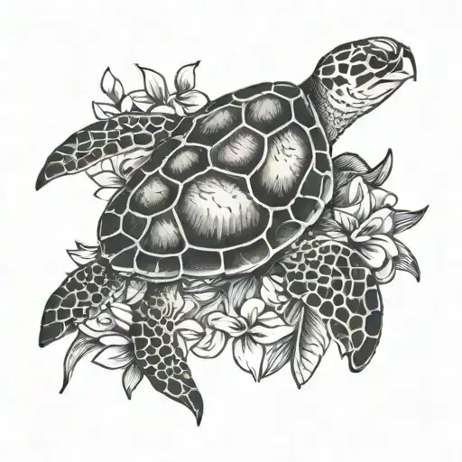 Sea Turtle With Plumeria Flowers