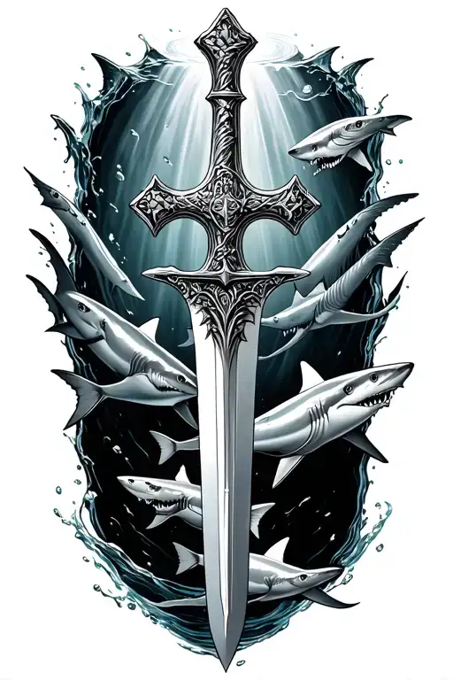Sword With A Cross On It With Water Effects With Sharks Swimming Around It