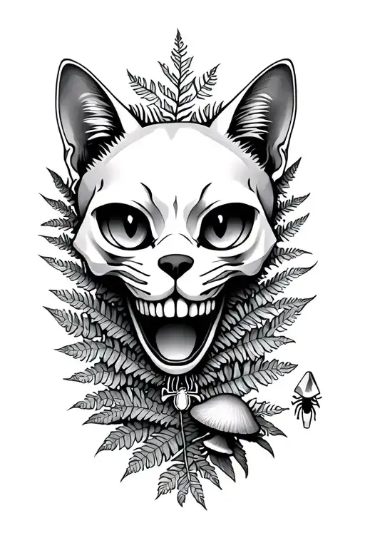 Cat Skullwith Ferns Going Up To The Top Of My Shoulder And Mushrooms And Crystals With Spider