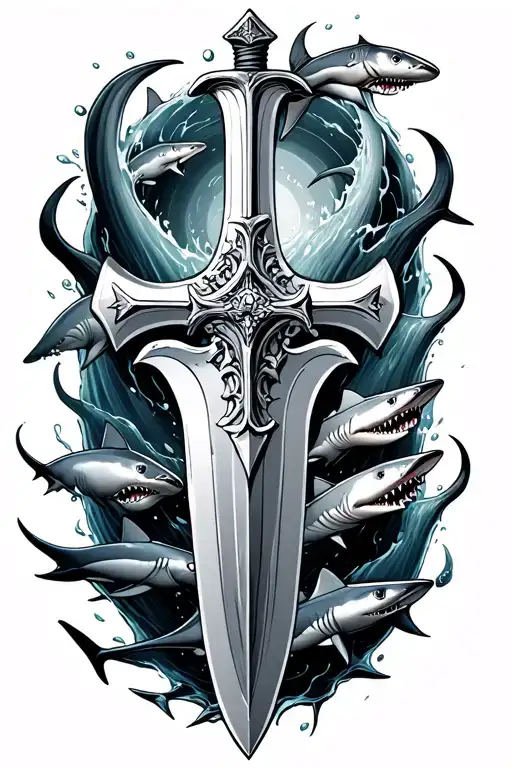 Sword With Cross With Water Effects And Sharks Swimming Around It With No Background