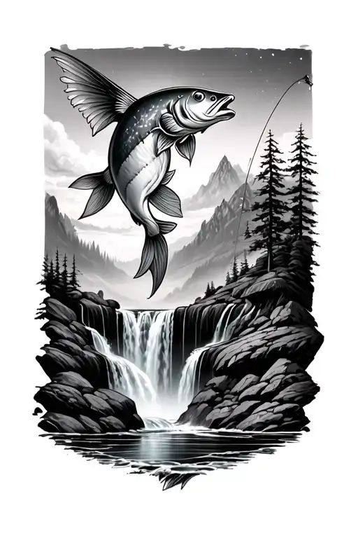 Fantasy Fishing Scene With Waterfalls
