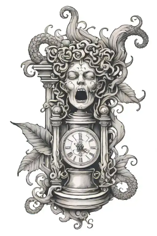 Amor Fati Written Underneath A Half Hourglass Half Crying Medusa Face