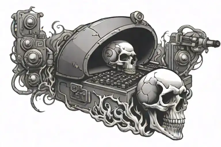 Fire Dj Controller Skull Crowd Chest Tattoo Design