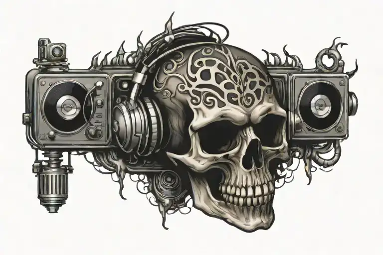 Fire Dj Controller Skull Crowd Chest Tattoo Design