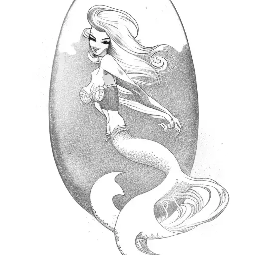 Pin-up Style Mermaid Riding A Surfboard