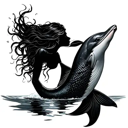 Mermaid Swimming Towards The Sunset Next To A Dolphin