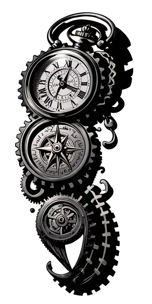 Pocket Watch With Gears And Compass Rose
