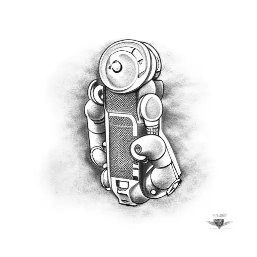 A Black-grey Tattoo Of A Robotic Arm Playing A Guitar