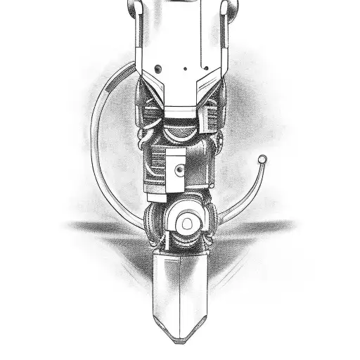 A Black-grey Tattoo Of A Robotic Arm Playing A Guitar