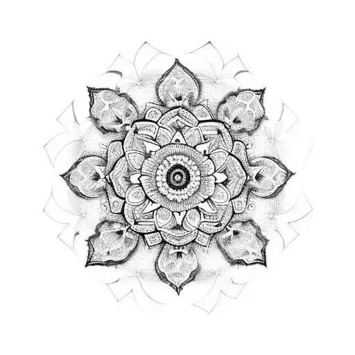 Blackwork Interpretation Of A Mandala Surrounded By Floral Motifs