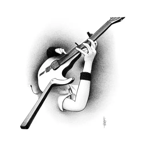 A Black-grey Tattoo Of A Childrem Playing A Guitar