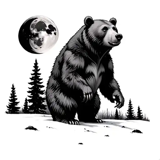 Bear Standing In The Dark With Glowing Eyes Moon And Trees