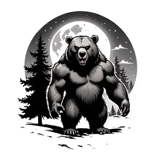 Angry Bear Standing In The Dark With Glowing Eyes Moon And Trees