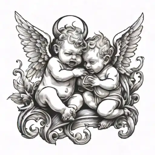 Two Baby Angels One Of Them Is A Demon Holding A Sickle And Has Horns And Devil Wings The Other