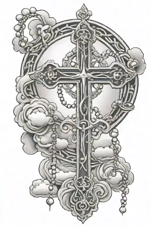 Cross With Rosary And Cloud Background