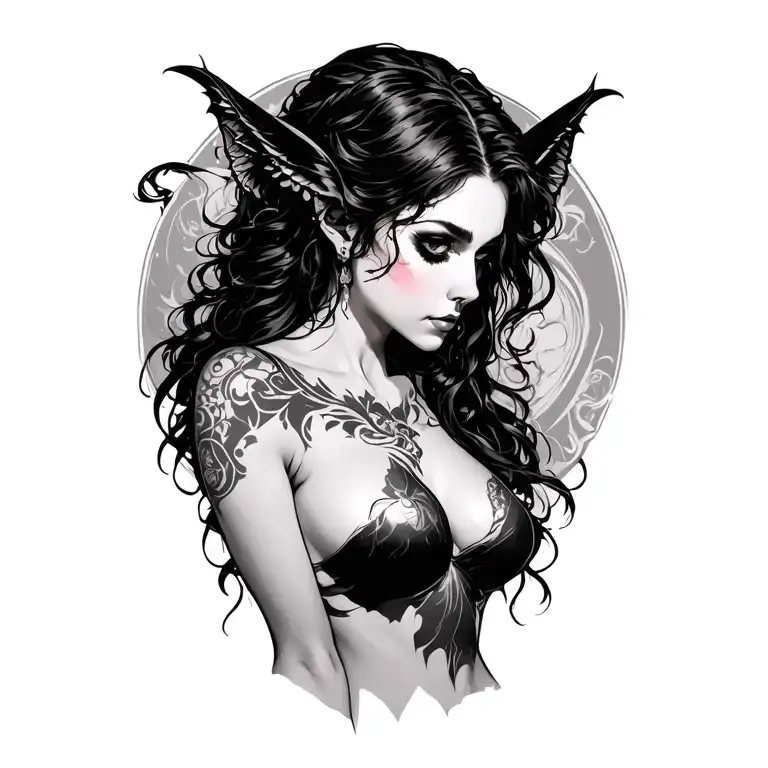 Beautiful Succubus Bare Chest Slightly Turned To The Side