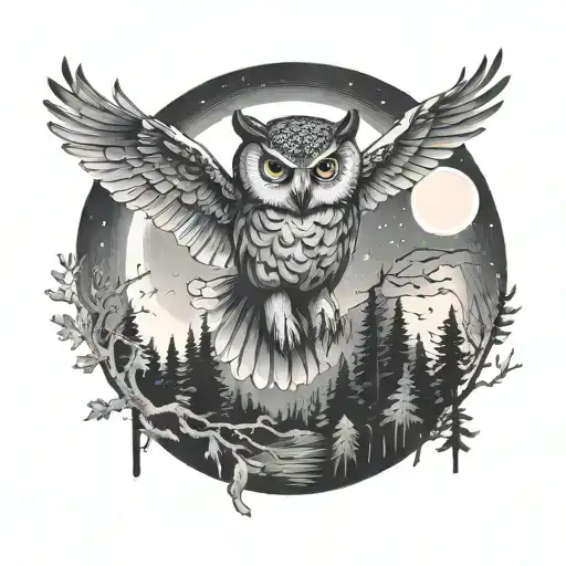 Owl Flying In Forest At Night Sky