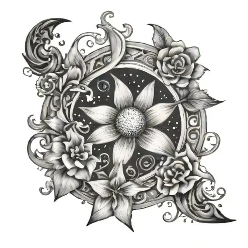 Stars Twinkling With Swirl Moon And Flowers