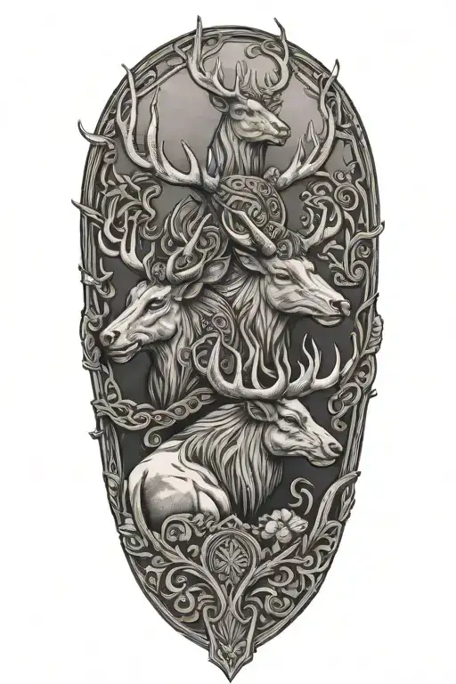 Muscular Stag Protecting Viking Women And Girl